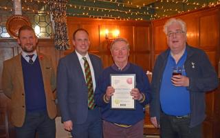 Tom Jenkinson, Chiltern Brewery; Greg Smith MP; Robert Watson (former licensee of Rose and Crown, Saunderton and founding committee member); David Roe (longest-serving local CAMRA chairman of the past 50 years)